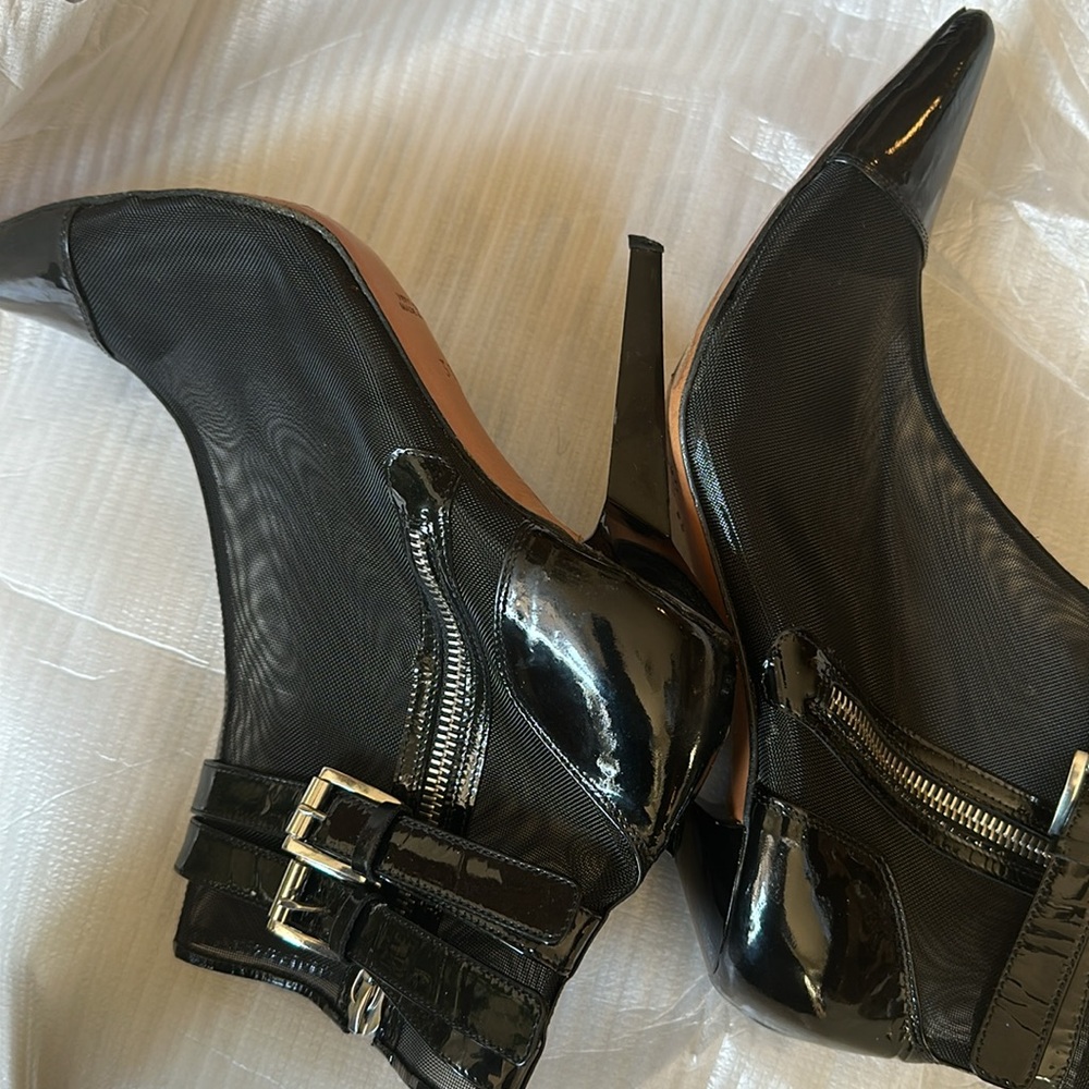 PHI Womens patent Leather& mesh Stiletto Heel Boots Black Silver Tone Size 39